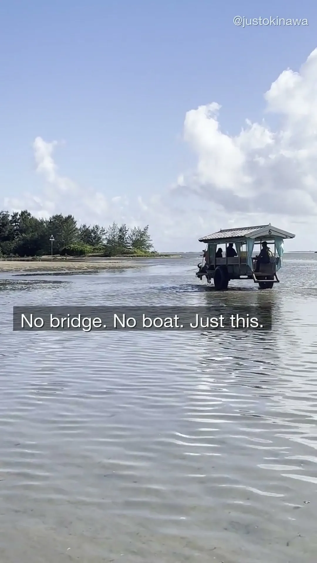 Water buffalo cart crossing the tidal flat — wide shot showing the cart mid-crossing with Yubu Island visible ahead