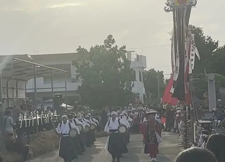 Hōnen Matsuri harvest festival dancers in Ishigaki Island up close — traditional costumes and taiko drums at the Yaeyama community festival