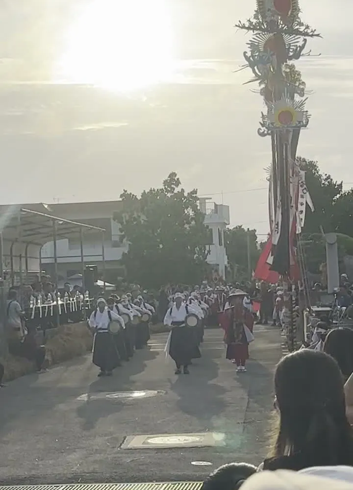 Hōnen Matsuri harvest festival dancers in Ishigaki Island up close — traditional costumes and taiko drums at the Yaeyama community festival